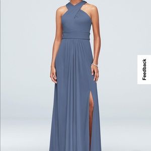 David’s Bridal Crisscross High-Neck Mesh Bridesmaid Dress in steel blue F19952